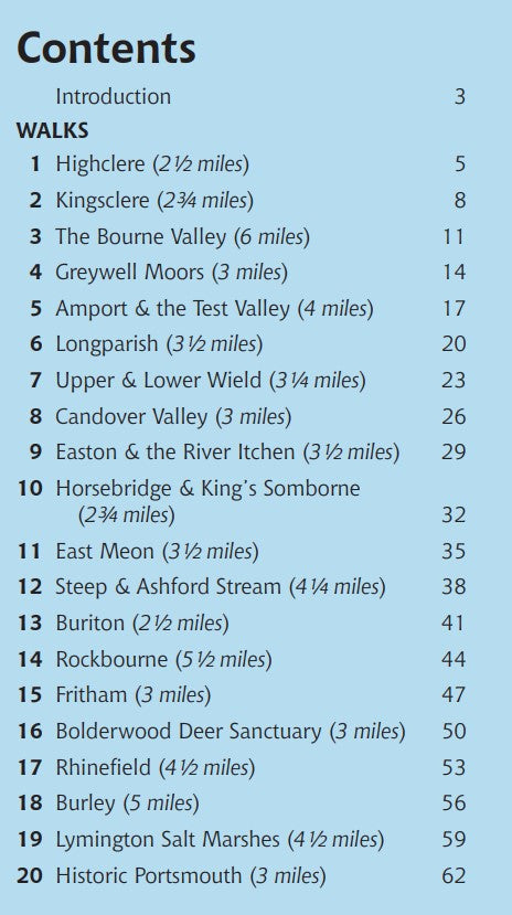 Guide to Hampshire & the New Forest Pub Walks contents list of walk locations