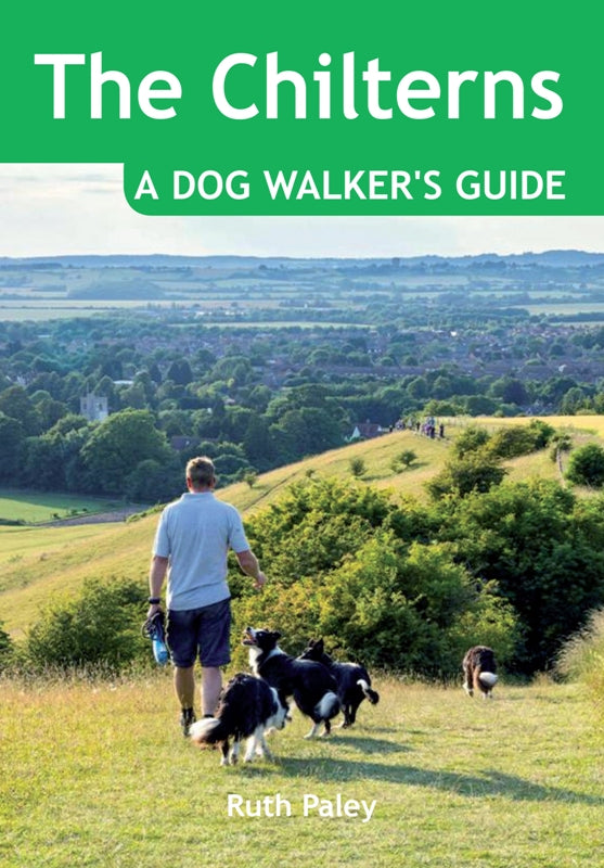 The Chilterns A Dog Walker's Guide book cover. 20 circular walks in the Chilterns countryside designed with dog walking in mind. Each dog walk has max. off lead time and includes dog-friendly pubs and cafes.
