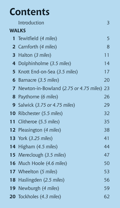Guide to Lancashire Pub Walks book contents