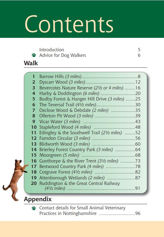 Nottinghamshire A Dog Walker's Guide contents list.