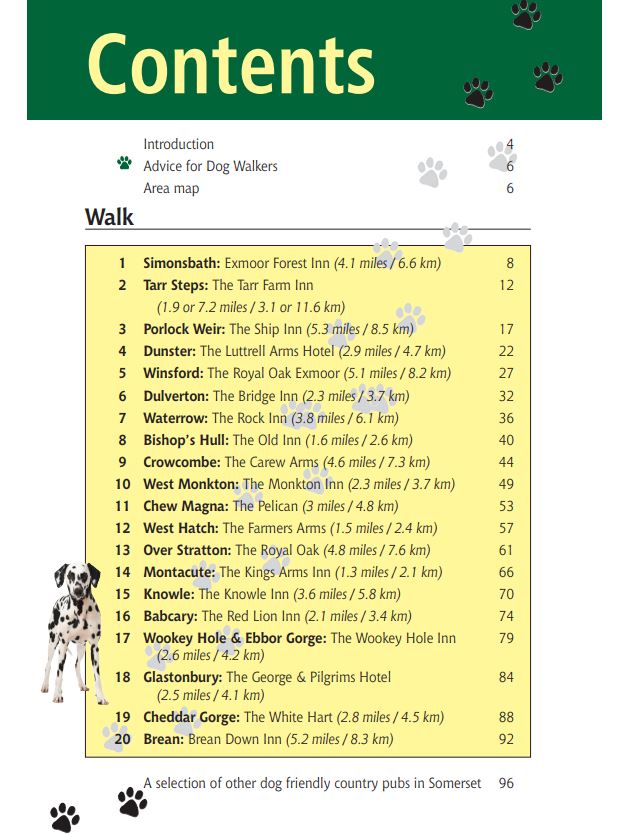 Somerset Dog Friendly Pub Walks book contents page