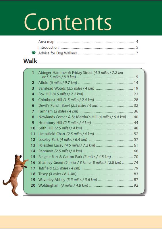 The Surrey Hills A Dog Walker's Guide contents list. Best dog walks. 