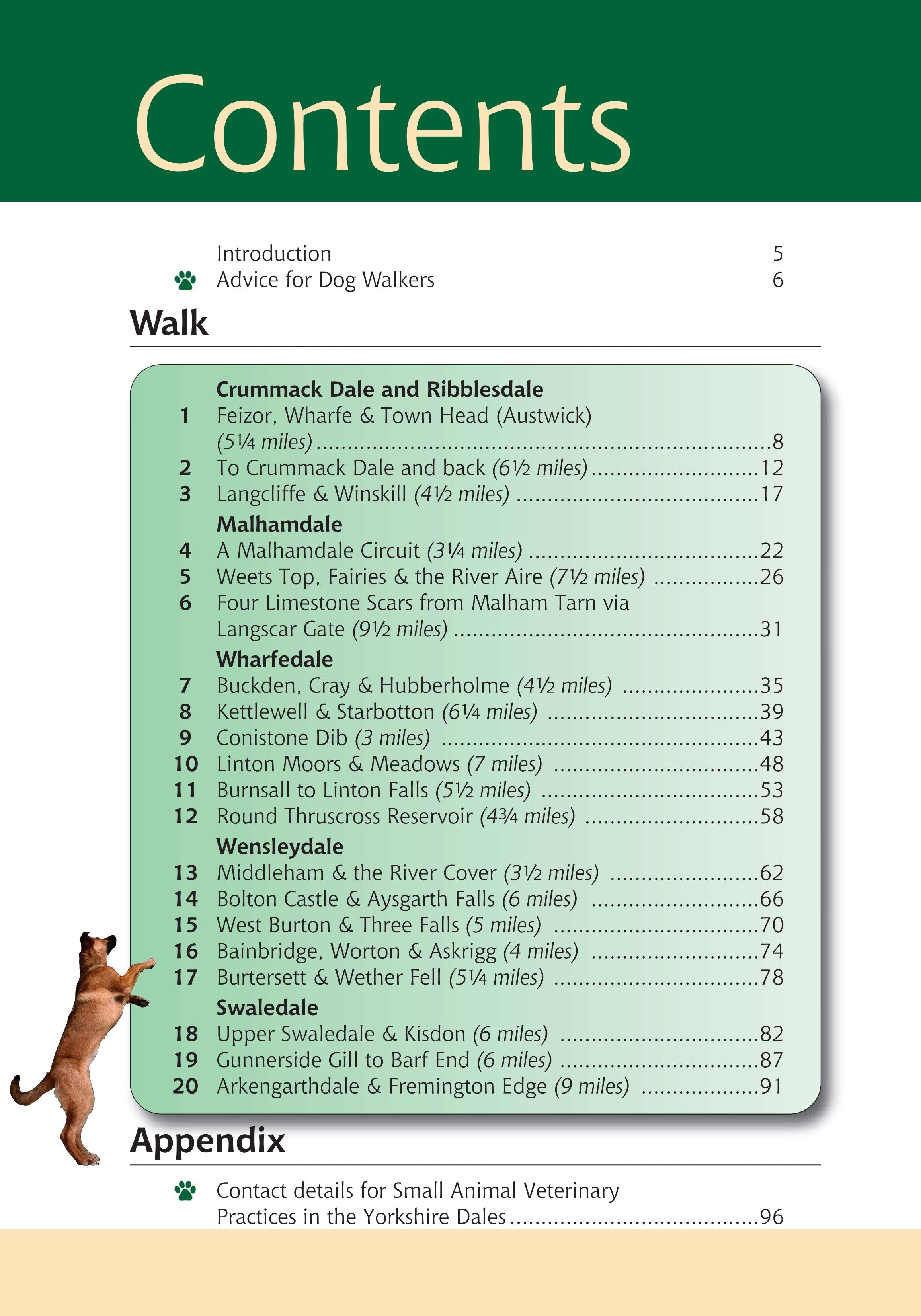 Yorkshire Dales A Dog Walker's Guide contents list. 20 circular dog walks.
