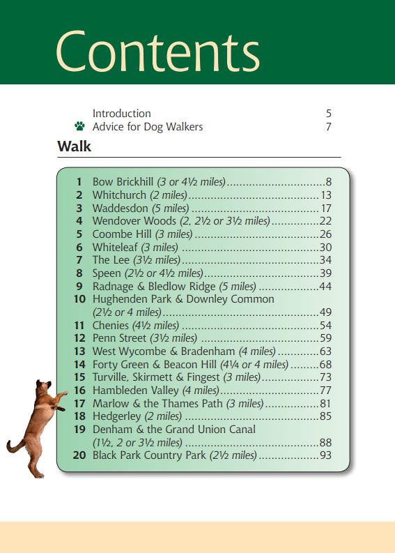Buckinghamshire A Dog Walker's Guide contents page. 