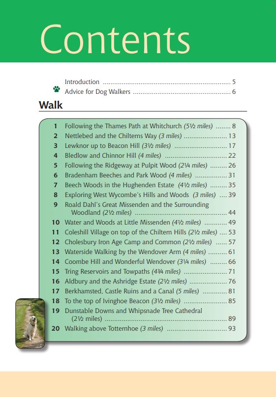 The Chilterns A Dog Walker's Guide contents list. Best local dog walks.