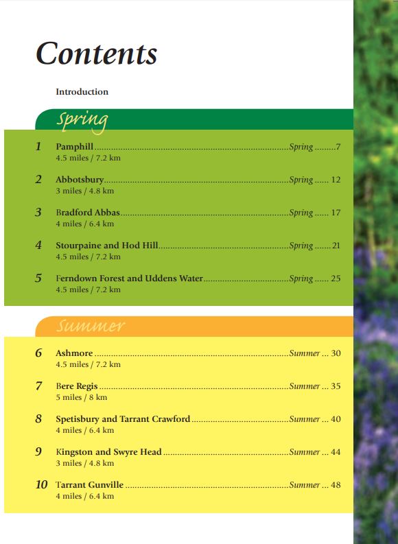 Dorset Year Round Walks contents. Countryside walks for all seasons. spring & summer