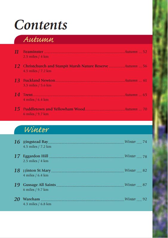 Dorset Year Round Walks contents. Countryside walks for autumn winter