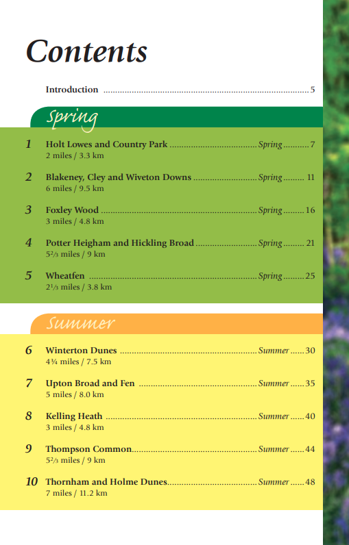 Norfolk Year Round Walks book contents spring summer