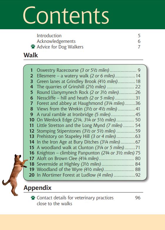 Shropshire A Dog Walker's Guide contents page.