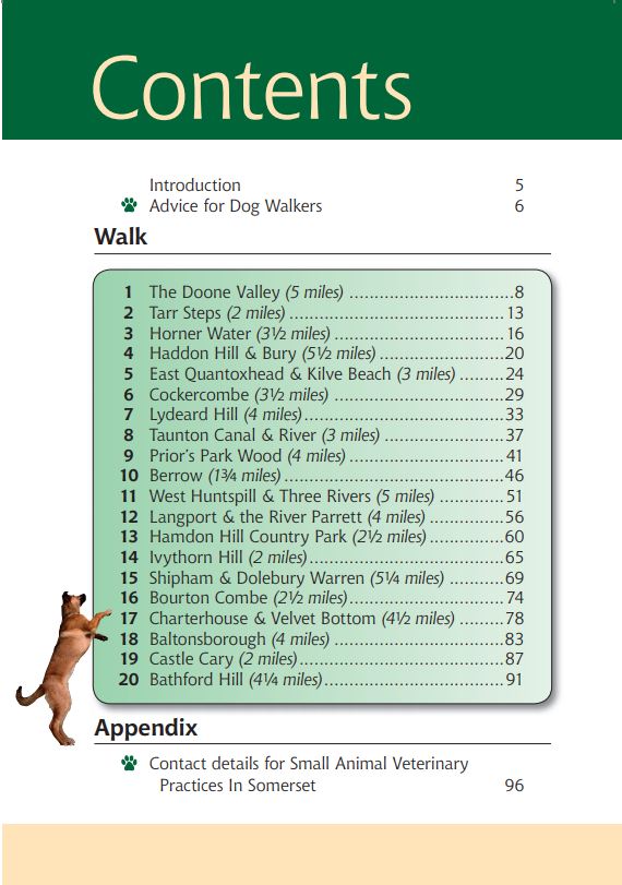Somerset A Dog Walker's Guide contents list. Best local dog walks.