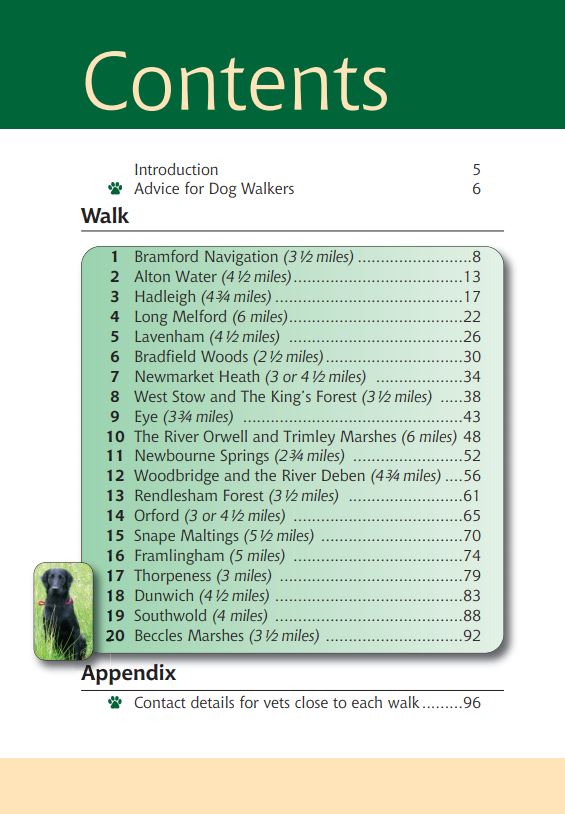 Suffolk A Dog Walker's Guide contents list. Best local dog walks. 