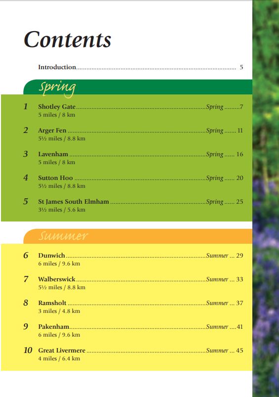 Suffolk Year Round Walks contents page. Walking guide.