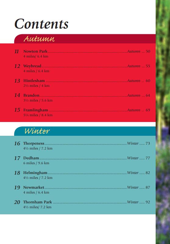 Suffolk Year Round Walks contents page. Walking guide.