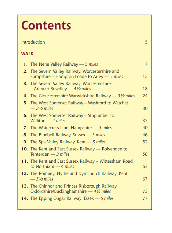 Walks Following Steam Railways in the Southern Counties of England. Heritage Railway Steam Trains walking routes book contents