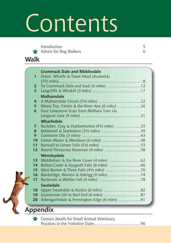 Yorkshire Dales A Dog Walker's Guide contents list. 20 circular dog walks.